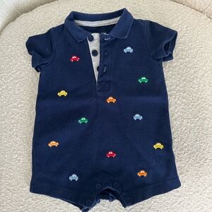 Navy blue collared cars onesie